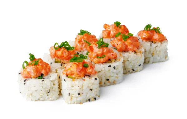 Sushi japonés con semillas de sésamo y glaseado de crema aislado en blanco — Foto de Stock