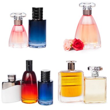 Beyaz arka planda izole edilmiş lüks parfümler kolajı