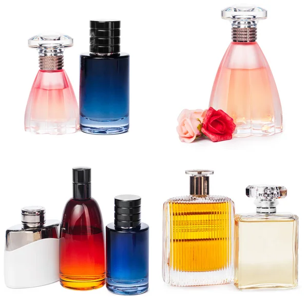 Collage von Luxus-Parfüms isoliert auf weißem Hintergrund — Stockfoto