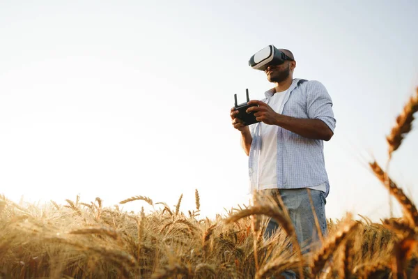 Fiatalember áll egy búzamezőn naplementekor virtuális valóság szemüvegben — Stock Fotó