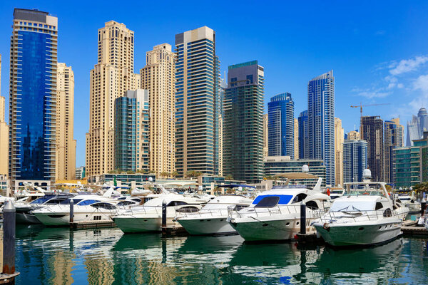 Dubai Marina skyscrapers and port in Dubai, United Arab Emirates