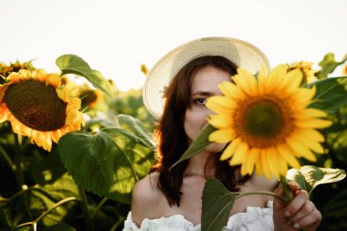 Ayçiçeği tarlasında poz veren çekici genç kadın model.