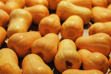 Süpermarkette tezgahın üzerinde bir avuç balkabağı..