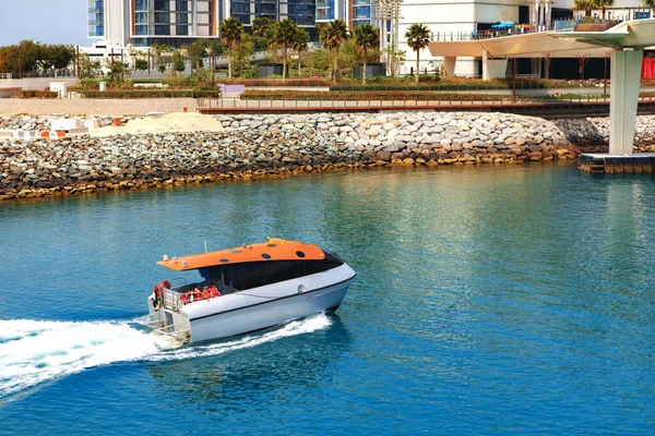 Vue du bateau à moteur de vitesse allant à grande vitesse près de la côte — Photo