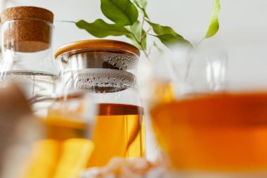 Sıcak ferahlatıcı narenciye çayı bardakta yakın.