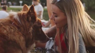 Genç bir kadın parkta çimenlerde otururken Collie köpeğini okşuyor.