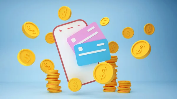 Безконтактна оплата бездротової оплати кредитною карткою на смартфоні, 3d рендеринг — стокове фото