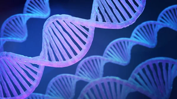 Blauw DNA structuur van blauw licht op donkere achtergrond 3D illustratie — Stockfoto