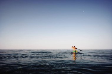 Denizde yüzen formda bir adamın arka görüntüsü.