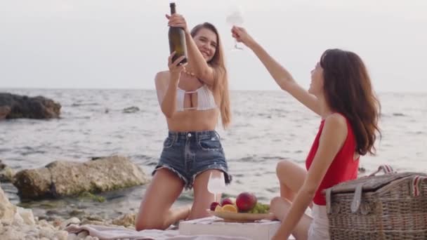 Kvinna dricker champagne utomhus, vänner umgås på stranden — Stockvideo