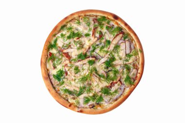 Beyaz üzerine izole edilmiş taze pizzanın üst görüntüsü