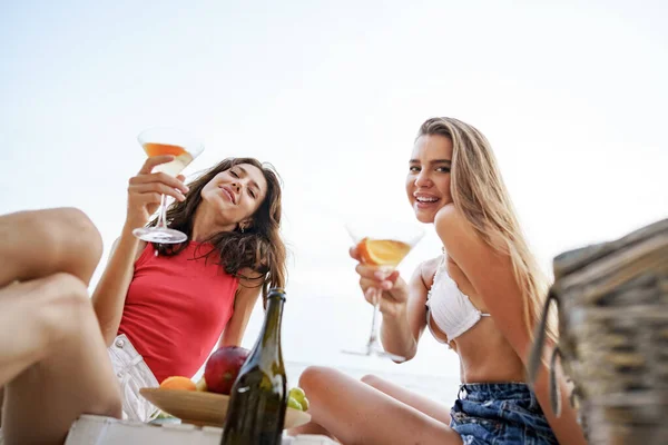 Duas jovens amigas fazendo piquenique em uma praia bebendo coquetéis — Fotografia de Stock