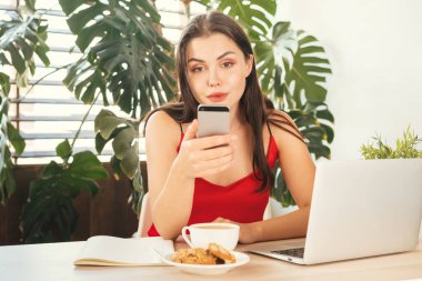 Evde bilgisayar monitörüyle oturan bir kadının online alışveriş konsepti