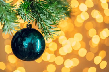 Altın bokeh 'e karşı bir köknar dalında asılı duran mavi takı