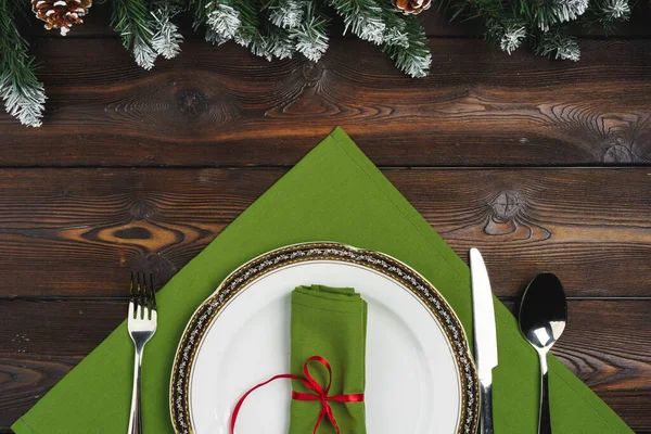 Festive table setting for Christmas dinner, top view — Stock Photo, Image