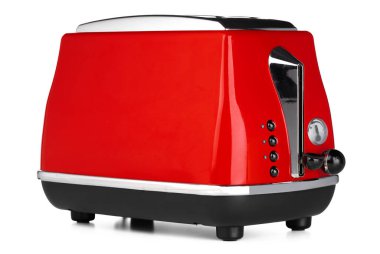 Beyaz arkaplanda izole edilmiş ekmek için kırmızı toster