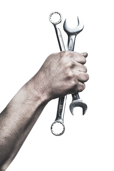 Mechaniker halten Schlüsselwerkzeug in der Hand — Stockfoto
