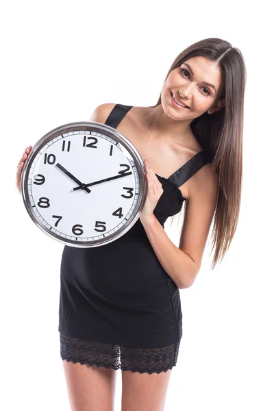 Young beautiful woman with the clock — Stock Photo, Image