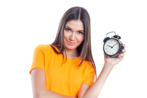 Young beautiful woman with the clock — Stock Photo, Image