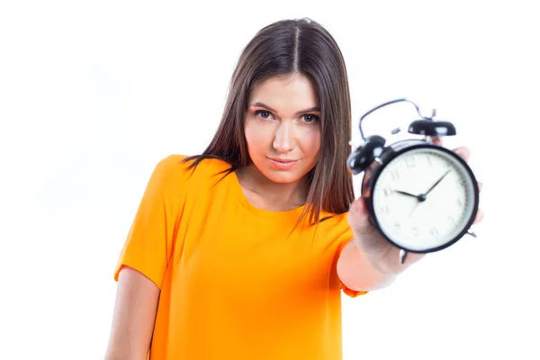 Young beautiful woman with the clock — Stock Photo, Image