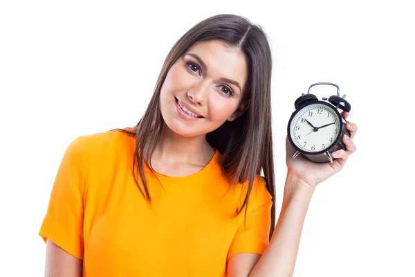 Jeune belle femme avec l'horloge — Photo