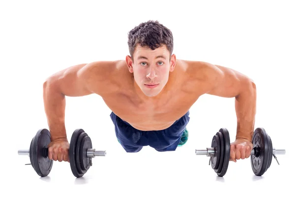 Retrato de un hombre musculoso levantando pesas — Foto de Stock