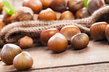 Ahşap arka planda fındıklar