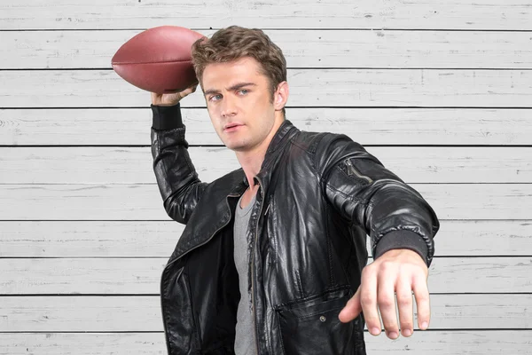 Man football player portrait holding american football — Stock Photo, Image