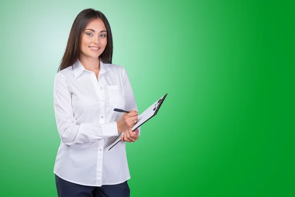 Mulher de pé com sua área de transferência — Fotografia de Stock