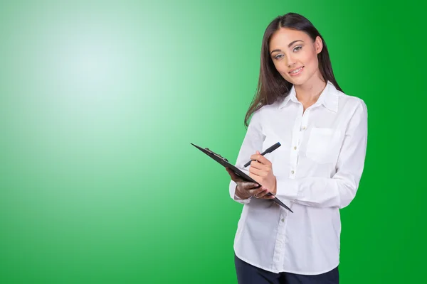 Mulher de pé com sua área de transferência — Fotografia de Stock