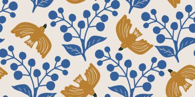 Elle çizilmiş Kuşlar ve Dut Dalları Kusursuz Desen