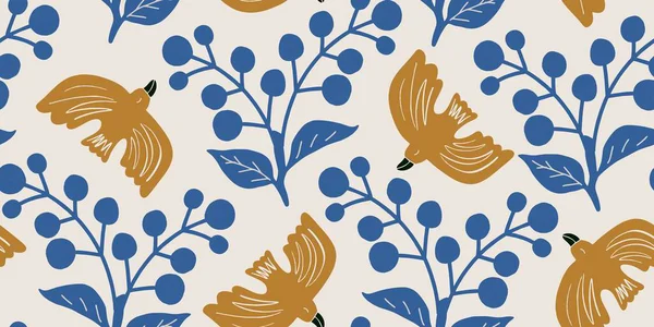Elle çizilmiş Kuşlar ve Dut Dalları Kusursuz Desen