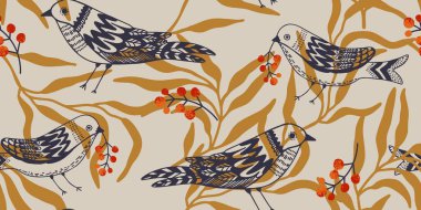 Dalların Üzerinde Şekillendirilmiş Kuşlar ve Böğürtlenler Elle Çizilmiş Desen