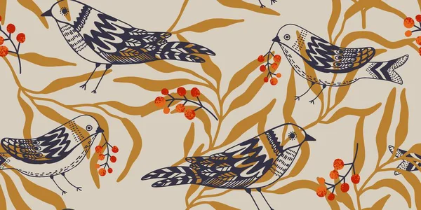 Dalların Üzerinde Şekillendirilmiş Kuşlar ve Böğürtlenler Elle Çizilmiş Desen