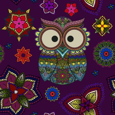 Seamless pattern from ornamental color owl with flowers and mandala. African, indian, totem, tattoo design. It may be used for design of a t-shirt, bag, postcard, a poster and so on.