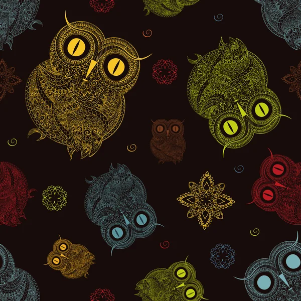 Seamless pattern from ornamental color owl with flowers and mandala. African, indian, totem, tattoo design. It may be used for design of a t-shirt, bag, postcard, a poster and so on. — Φωτογραφία Αρχείου