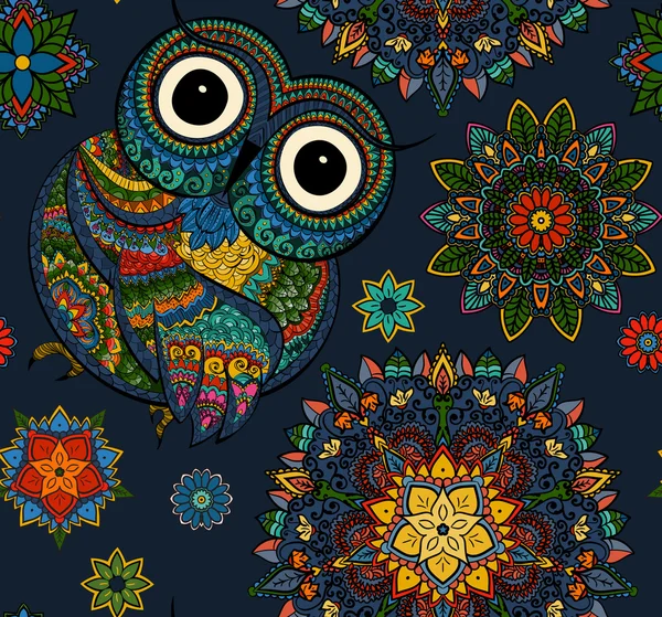 Seamless pattern from ornamental color owl with flowers and mandala. African, indian, totem, tattoo design. It may be used for design of a t-shirt, bag, postcard, a poster and so on. — 스톡 사진