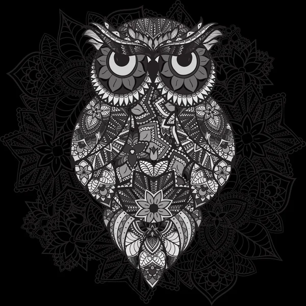 Patterned vector owl on the ornamental mandala background. African, indian, totem, tattoo design. Vector owl in tribal. doodle isolated black and white owl — Stock Vector