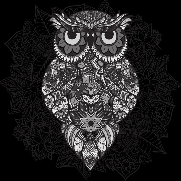 Hibou vectoriel à motifs sur le fond de mandala ornemental. Africain, indien, totem, tatouage. Hibou vecteur en tribu. doodle hibou noir et blanc isolé — Image vectorielle