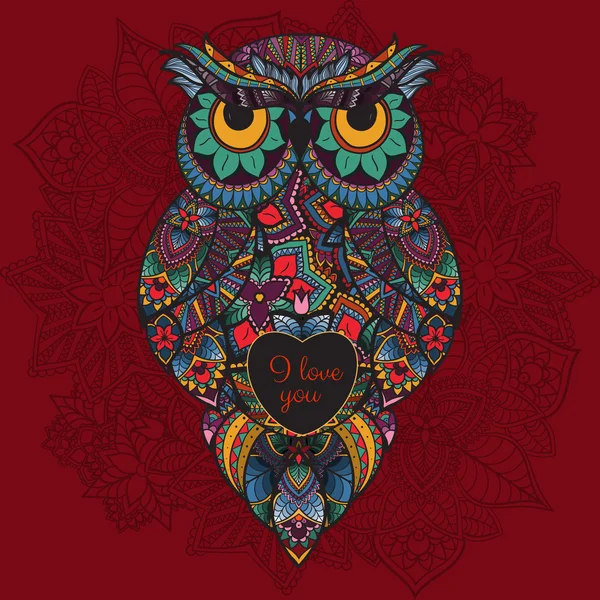 Ilustración de búho ornamental. Pájaro ilustrado en tribal. Búho Boho con amor. Corazón para San Valentín — Foto de Stock