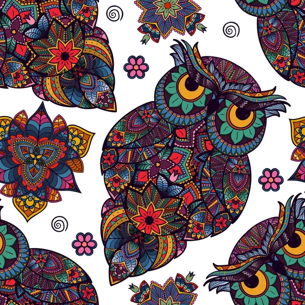 Illustration of owl. Bird illustrated in tribal. Owl with flowers on light background. Shaped and ornamental owl. — Stock Photo, Image