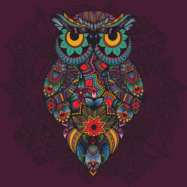 Ilustración de búho ornamental. Pájaro ilustrado en tribal . — Foto de Stock