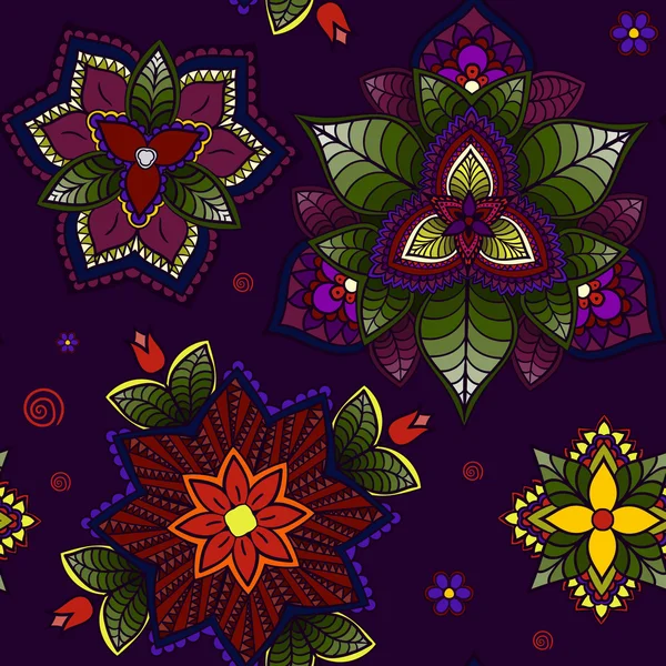 Hand drawn Mandala, circular colored pattern for decoration, colored mandala decor, mandala flowers and leafs. Boho mandala flowers. Seamless mandala pattern. — 图库照片