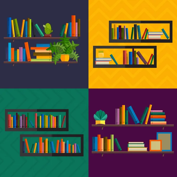 Illustratie van bookshelfon muur met boeken in vector, vlakke stijl. — Stockvector