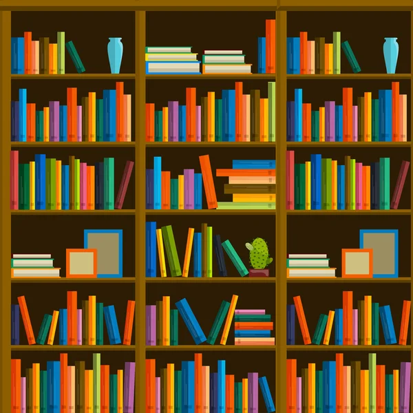 Biblioteca, librería - Patrón sin costuras con libros en estanterías . — Archivo Imágenes Vectoriales
