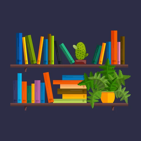 Illustration of bookshelfon wall with books in vector, flat style. — Stock Vector