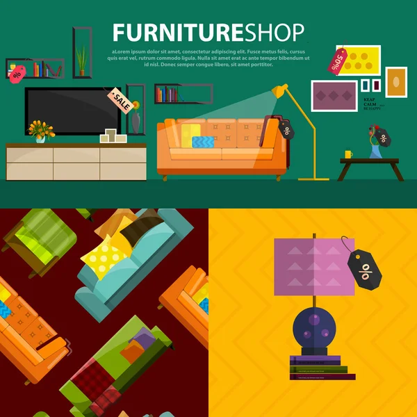 Vektorová ilustrace prodejních produktů v obchodě s nábytkem — Stockový vektor