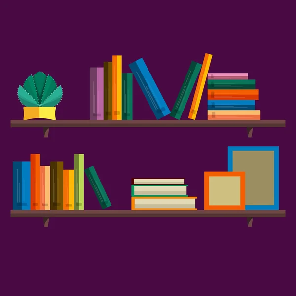 Illustration of bookshelfon wall with books in vector, flat style. — Stock Vector