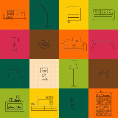 Ev, otel odası iç rahat mobilya anahat vektör illüstrasyon ile