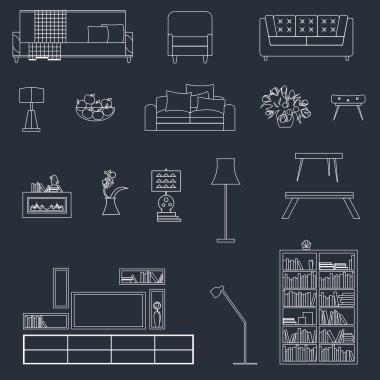 Ev, otel odası iç rahat mobilya anahat vektör illüstrasyon ile